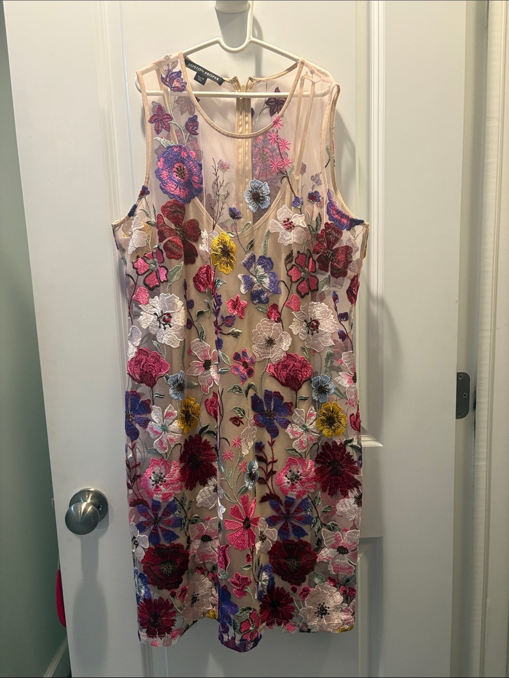 Boston Proper Nude Sheer Midi Dress with Multicolor Floral Embroidery